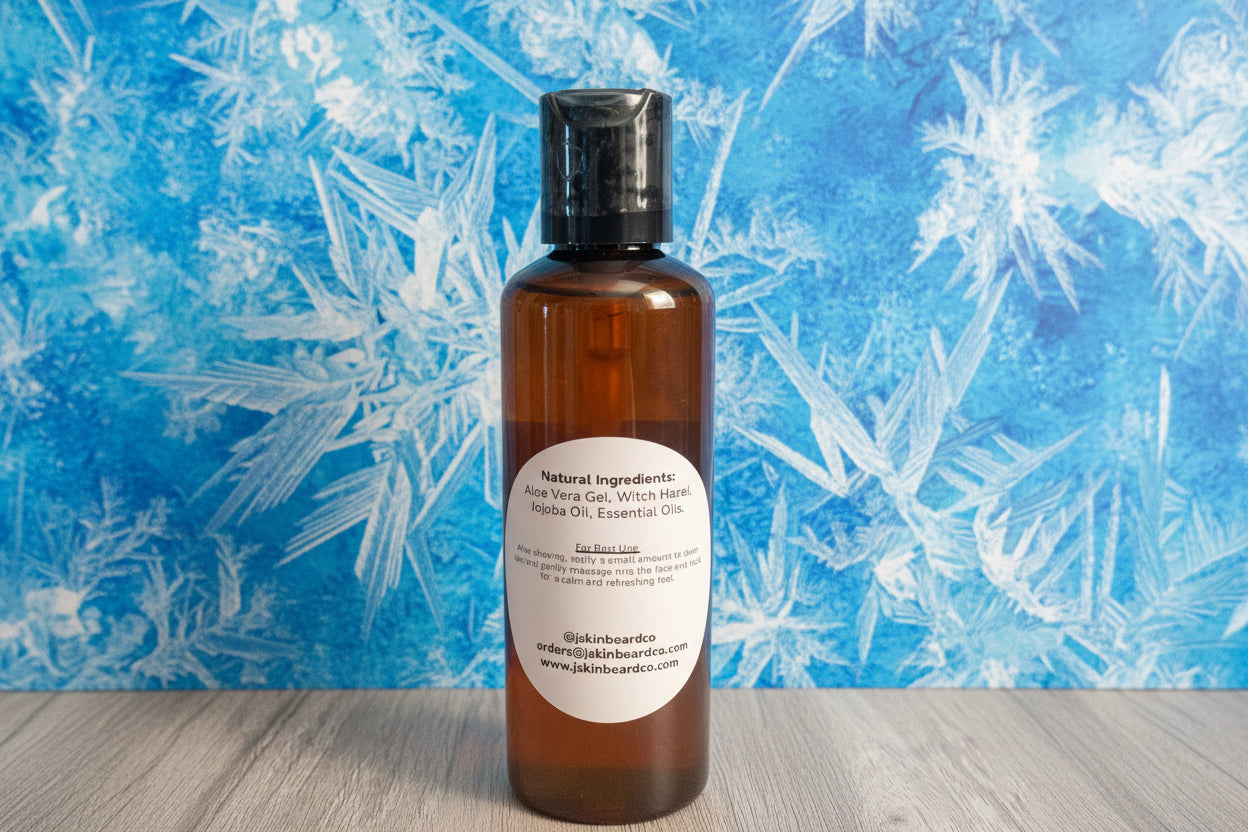 Bottle of Fresh Cut Ice aftershave with a blue icy background