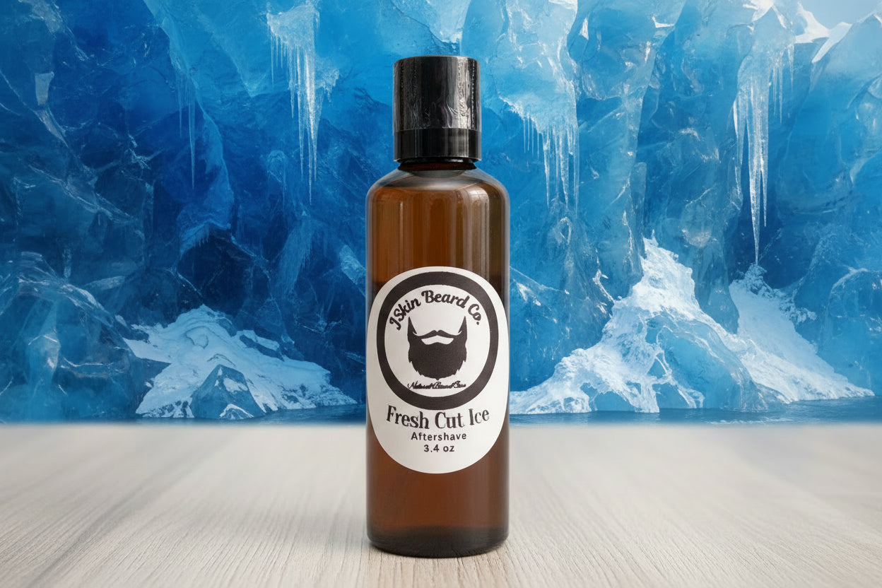 Bottle of Fresh Cut Ice aftershave with a blue icy background