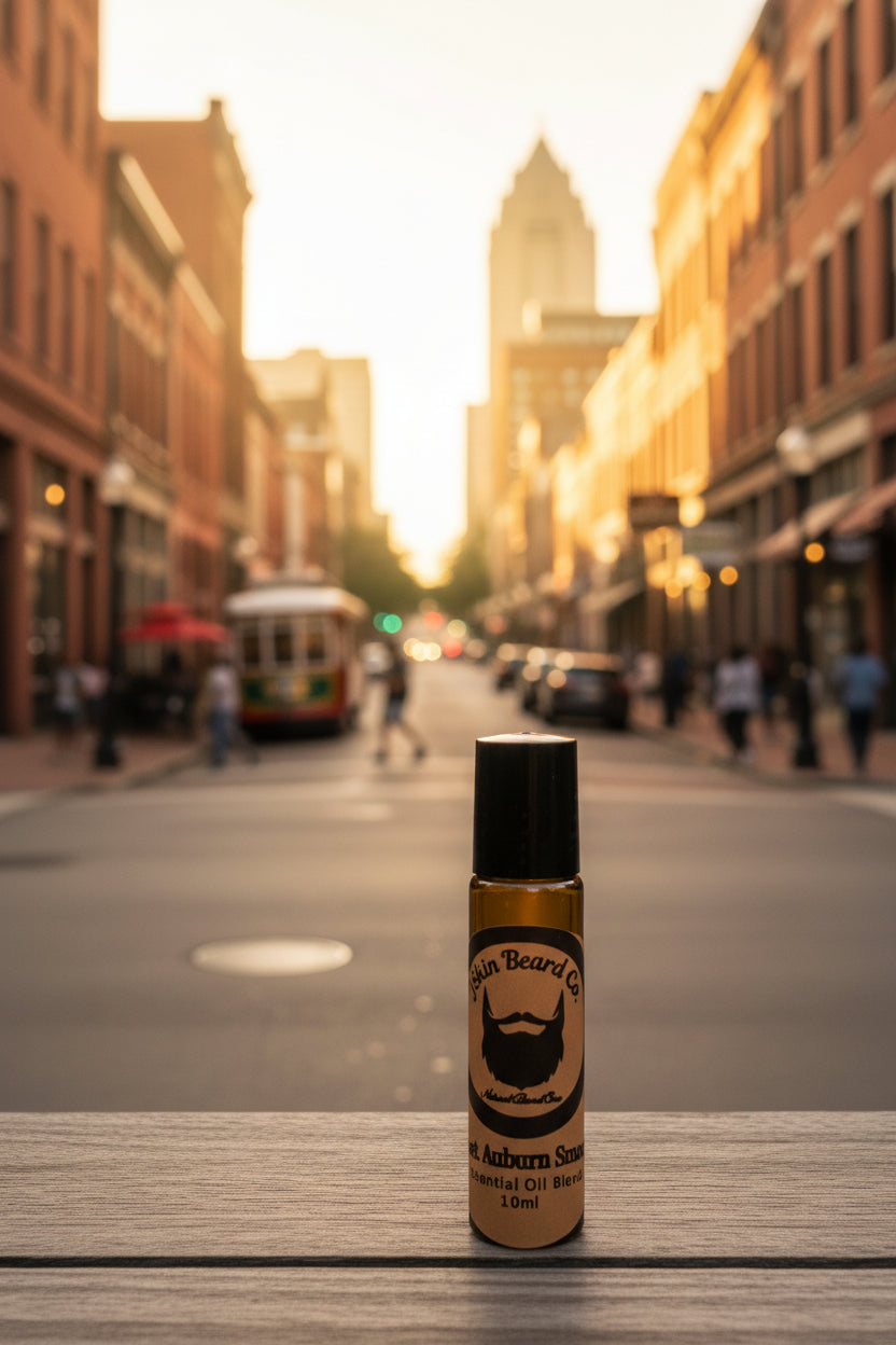 Small bottle of beard oil on a wooden surface with a plain wall background